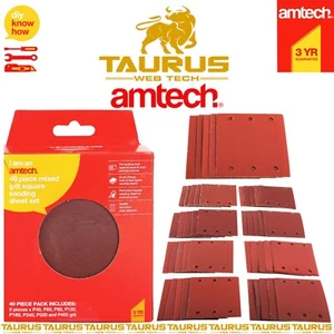 40x AMTECH Mixed Grit Aluminium Oxide SQUARE Sanding Sheet Set Sandpaper Tool UK - Picture 1 of 4
