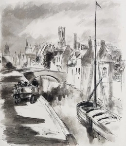 BERTHOLD-MAHN Dessin original illustration Octave MIRBEAU 1935 péniche 628-E-8 - Foto 1 di 2