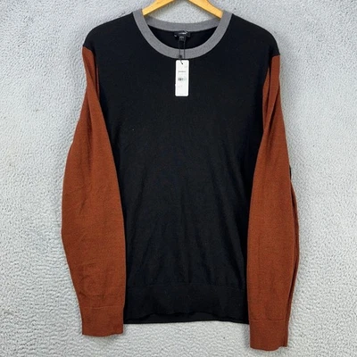 Express Adult Mens Crewneck Sweater Large Black Brown Colorblock Merino Wool NEW - Image 1 of 4