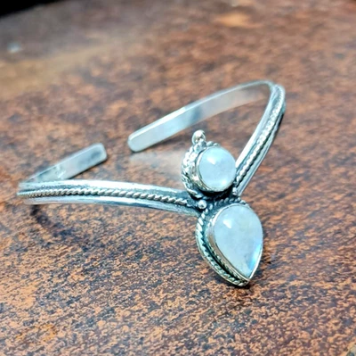 月光石手镯 925 纯银花朵手链 手工制作 可调珠宝首饰 — 第 1/4 张图片