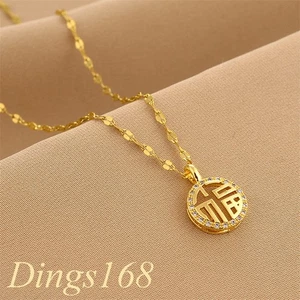 18K Yellow Gold Filled Necklace+Crystal "Fu" (Chinese Character: Lucky) Pendant - Picture 1 of 4
