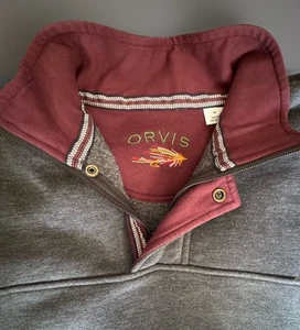 Orvis Gray Men’s Size Medium Maroon Trim Pullover 1/4 Zip Sweater Sweatshirt - Picture 1 of 7