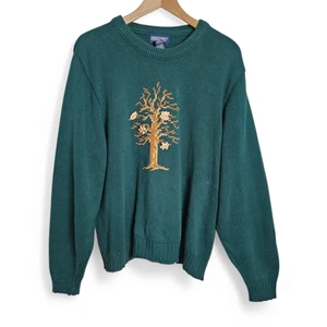Lands' End Damen Pullover grün Baumwolle Strick Herbst Knopf Blatt Baum Größe L - Bild 1 von 10