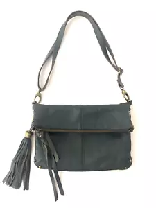 Lucky Brand Crossbody Fold-Over Shoulder Bag Green Pebbled Leather Fringe Tassel - Picture 1 of 18