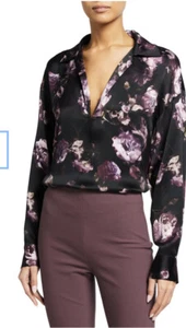 Vince Blouse Black Silk Purple Floral Print Long Sleeve V-Neck Collared Size S - Picture 1 of 12