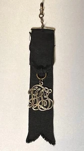 Antique Victorian Black Mourning Ribbon Watch Fob Sterling Silver Initals - Picture 1 of 8