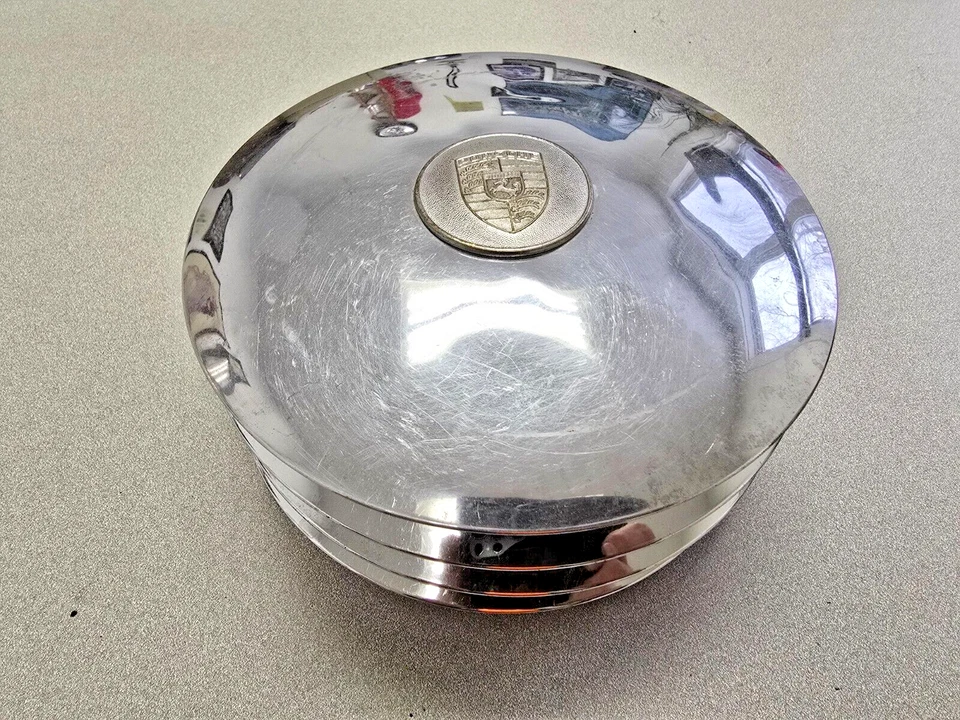 JUEGO DE TAPACUBOS CROMADOS USADOS PORSCHE 356C 356SC 911 912 914-6 CON TAPA CENTRAL NLA #24 Foto 1 de 4