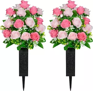 Artificial Cemetery Flowers, Grave Memorial Flowers with Vase, Artificial Rose B - Picture 1 of 12
