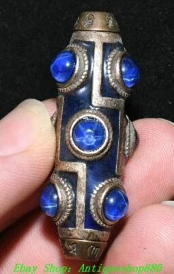 Colgante amuleto de cuentas Fengshui Dzi gemas con incrustaciones de plata de bronce tibetano antiguo de 1,9"" Foto 1 de 4