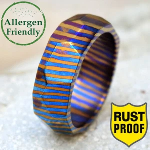 Customized Diamond Cut Timascus Titanium Ring Faceted Wedding Engagement Unisex - Picture 1 of 14