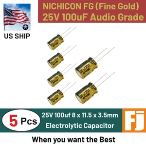 5 Pcs 25V 100uF | Nichicon Fine Gold Audio Grade Electrolytic Caps | US Ship - Picture 1 of 4