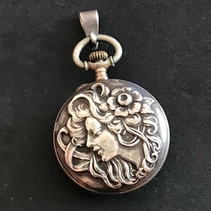 *Antique Art Nouveau Sterling Silver Repousse Lady Watch Pendant Not Working - Picture 1 of 6