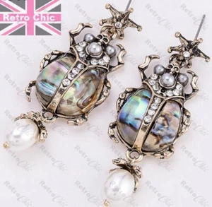 Pearl, Abalone & Gold Scarab Beetle Earrings Designer style Insect Gothic Bugs - Picture 1 of 4
