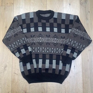 Mens Geometric Vintage Jumper XL Brown Crew Neck 90s Abstract Retro Sweatshirt - Picture 1 of 14