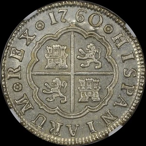 "FINEST KNOWN" @ PCGS & NGC MS64 1760 M-JP SPAIN 2 REALE PISTAREEN UBER-LUSTRE  - Picture 1 of 8