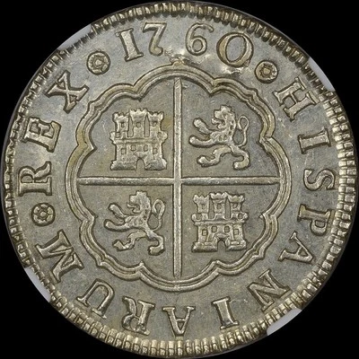 "FINEST KNOWN" @ PCGS & NGC MS64 1760 M-JP SPAIN 2 REALE PISTAREEN UBER-LUSTRE  - Image 1 of 4