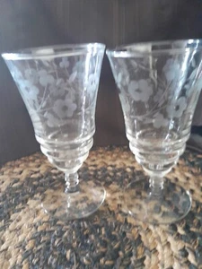 Vtg Libbeys Rock Sharpe Mansfield Etched Ribbed Goblets/wine Glasses Set Of 2 - Picture 1 of 8