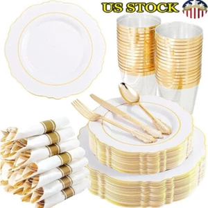 350PCS Gold Plastic Plates Set Disposable Dinnerware Napkins Silverware Cups New - Picture 1 of 7