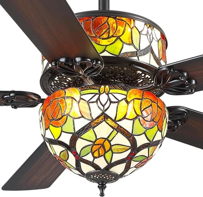 Tiffany Ceiling Fans with Lights - 52" Black Ceiling Fan Chandelier with 5 Dual- - Image 1 of 4