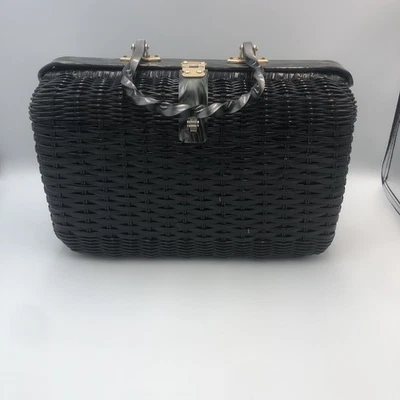 Cartera de mimbre negra vintage detalles aspecto mármol mango torcido raro usada en excelente estado Hong Kong Foto 1 de 4