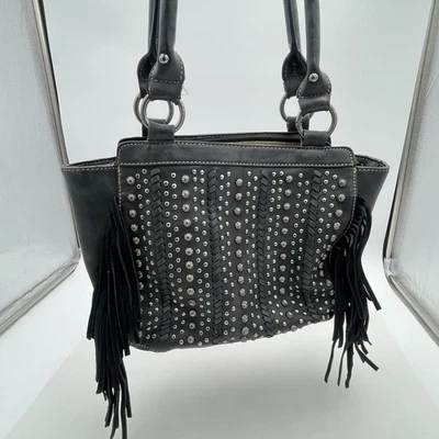 Montana West Handbag Womens Black Studded Fringe Shoulder Tote Purse Western - Image 1 of 4