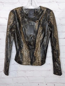 Guess Women’s Reptile Zip Moto Jacket Pockets Back Roads Brown Size XS - Picture 1 of 11