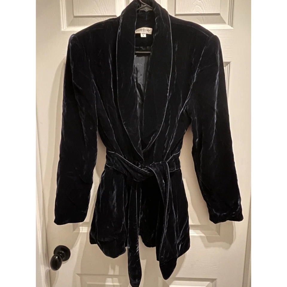 Chaqueta Blazer Bebe Vintage Azul Marino Terciopelo Mujer 10 Cinturón Almohadillas para los Hombros Y2K Foto 1 de 4