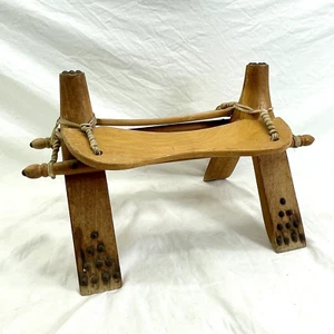 MID CENTURY CAMEL SADDLE WOOD BRASS STOOL SEAT DECOR FOOTSTOOL EQYP - Picture 1 of 9