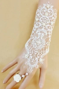 Coppia guanti polsini pizzo mani CREMA lace fiore anello trasvestimento gloves - Picture 1 of 1