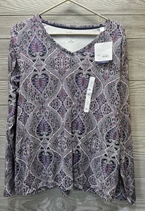 Croft & Barrow Classic Tee Shirt Top Size XL Long Sleeve Purple Black White - Picture 1 of 5