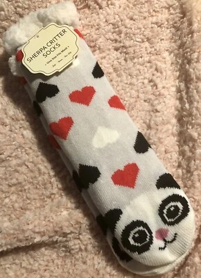 Calcetines Sherpa Critter Cara de Panda Gris Corazones Antideslizantes Suave Cálido Difuso Nuevos Foto 1 de 4
