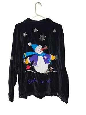 Vtg Quacker Factory Black Velvet Embroidered Snowman Snowflake Shirt Jacket 3X - Image 1 of 4