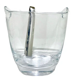 CRYSTAL ICE BUCKET w/ Metal Tongs 6”x 6” Clear Heavy Glass from CRATE & BARREL - Picture 1 of 6