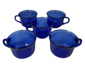 Vintage Arcoroc France Cobalt Blue Glass Coffee Mugs Tea Cups Latte Set 5 Rare - Picture 1 of 12