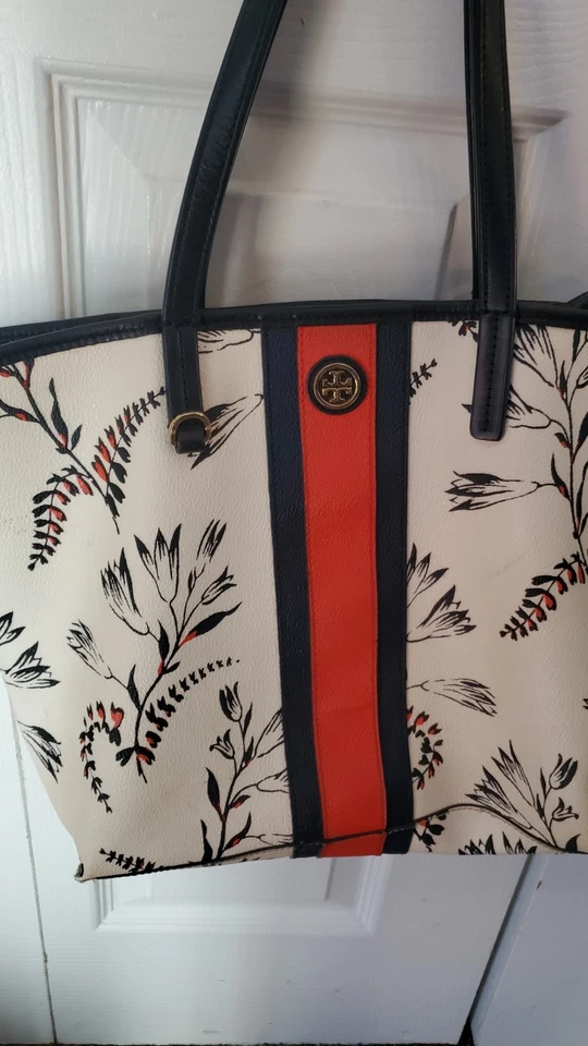 Дизайнерский красный белый и синий Tory Burch цветочный полоски сумка с короткими ручками - Изображение 1 из 4