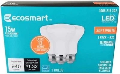EcoSmart R20-1D 11W E26 120V Dimmable Energy Star LED Light Bulb Soft White 3|Pk - Image 1 of 3