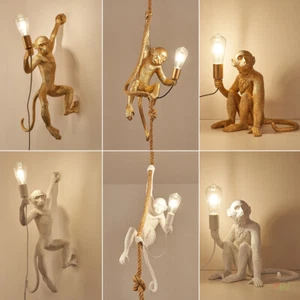 Monkey Pendant Lamp Animal Chandelier Ceiling Hemp Rope Suspension Lights - Picture 1 of 13