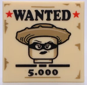 Lego Tan Decorated 2 x 2 Tile "Wanted" Poster Bandit 5,000 Dollar Reward - Picture 1 of 1