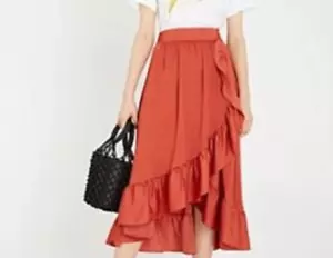 Gonna Elle M Corallo Arancione Ruffle Orlo Midi Vita Elastica - Foto 1 di 9