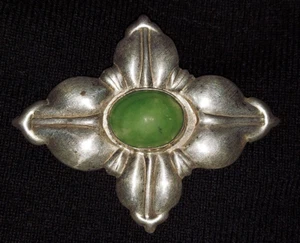 Vintage Mexican Silver Brooch with Large Green Stone, Approx. 2 inch by 3 inch - Picture 1 of 5
