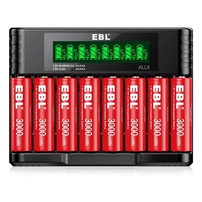 EBL 8x1.5V Rechargeable  Lithium AA Batteries 3000mWh + Li-ion Battery Charger - Image 1 of 4