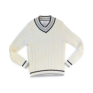 Tretorn Men's Small Ivory Black Stripe Cotton V Neck Sweater Y2K NWOT - Picture 1 of 7