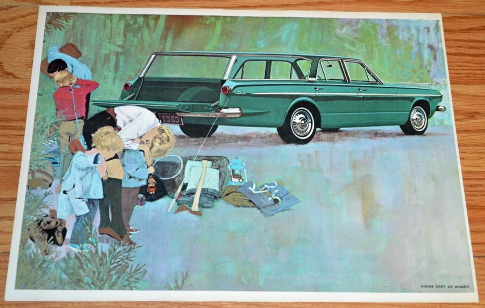 1963 年道奇飞镖 270 瓦贡原版经销商广告广告 63 艺术绿色钓鱼 — 第 1/1 张图片