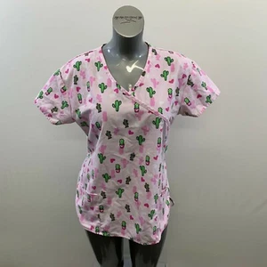 Cassandra O Women’s Scrub Top Size Medium Pink All Over Cactus Print Short Slv - Picture 1 of 5