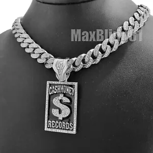 Silver PT CASHMONEY RECORDS & 16" 18" 20" 24" Iced Cuban Box Lock Chain Necklace - Picture 1 of 24