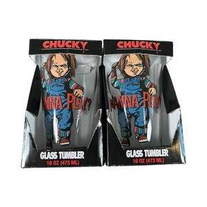 Lot of 2 - Chucky Horror Halloween 16 Oz. Pint Glass Tumbler "WANNA PLAY" NIB - Picture 1 of 8