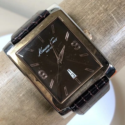 Kenneth Cole Hombre KC1783 Vestido Fecha Cuero Marrón Cuarzo Analógico 38mm Reloj 7 1/2" Foto 1 de 4