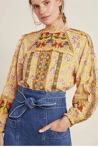 NWOT Maeve Anthropologie Goldie Blouse Top Size 2 Embroidered Long Sleeve Yellow - Picture 1 of 14