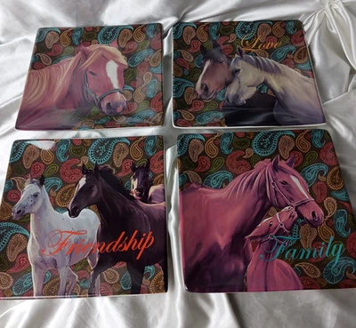 SET OF 4 CRACKER BARREL COUNTRY STYLE SQUARE SNACK PLATES 8 1/2'' HORSE THEME - Image 1 of 4