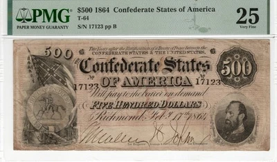 T-64 PF-2 1864 $500 Confederate Paper Money - PMG Very Fine 25 - Image 1 of 2